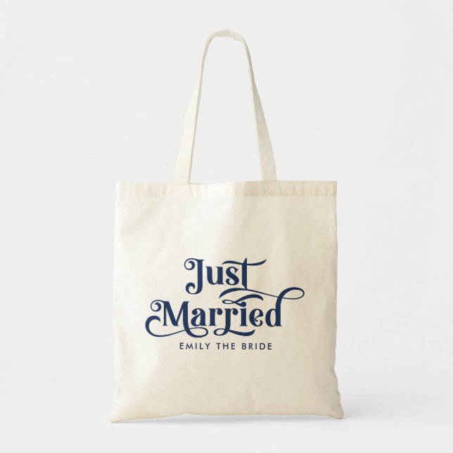 Tote Bag Juste marié Elégante Marine Bleue Typographie (Devant)