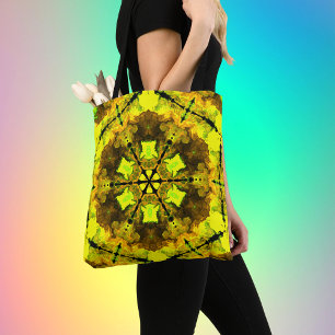 Tote Bag Kaleidoscope psychédélique Fleur Jaune et Vert