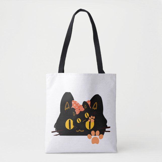 Tote Bag Kawaii Black Cat Peekaboo Art with Bow (Devant)