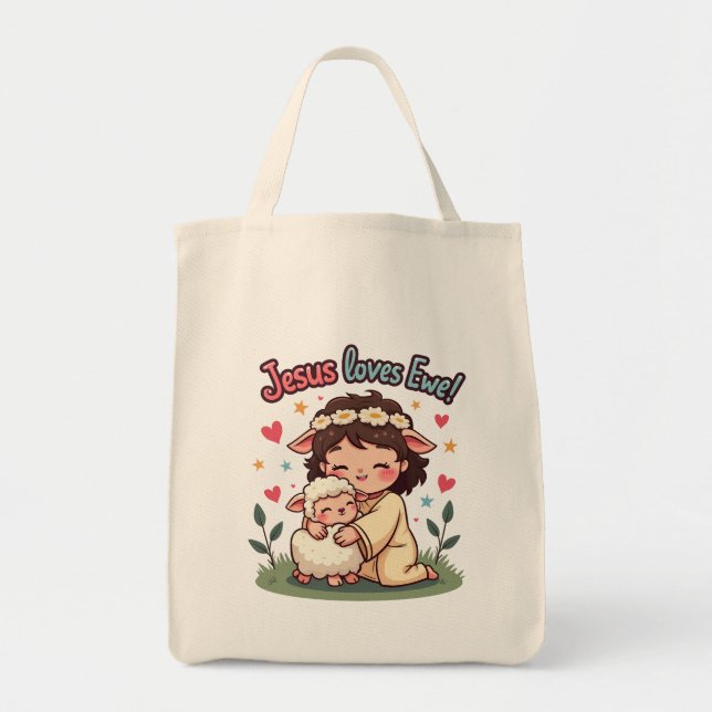 Tote Bag Kawaii Christian "Jesus aime Ewe" Pastel Design (Devant)