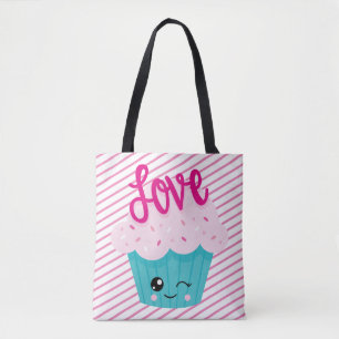Tote Bag Kawaii Cupcake Love Rose Turquoise Stripe mignonne