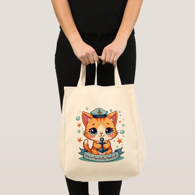 Tote Bag Kawaii Nautical Cat Ancre Pun (Devant (produit))