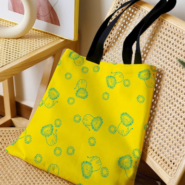 Tote Bag Kawaii Teal Lions & Sunshine – Cute Pattern (Créateur téléchargé)