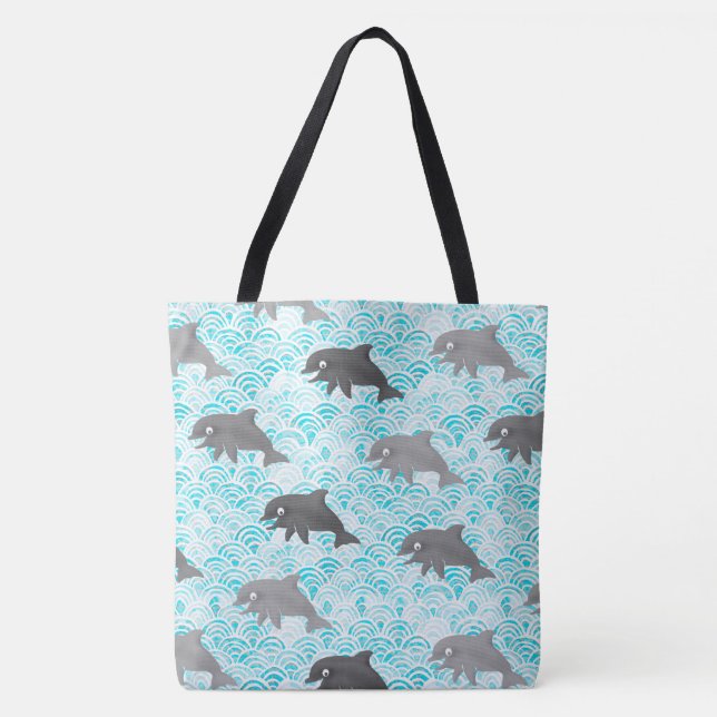 Tote Bag Keiki Aquarelle Dauphin Vague réversible (Devant)