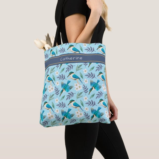 Tote Bag Kingfisher Birds Floral Motif Bleu Nom Fourre-tout (De près)
