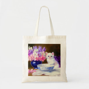 Tote Bag Kitten blanc vintage avec ruban violet
