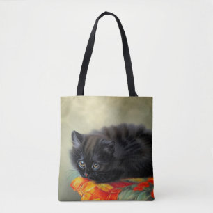 Tote Bag Kitten noir vintage avec couverture de fleurs roug