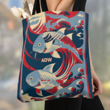 Koi Fish with Red Blue Great Wave Monogram