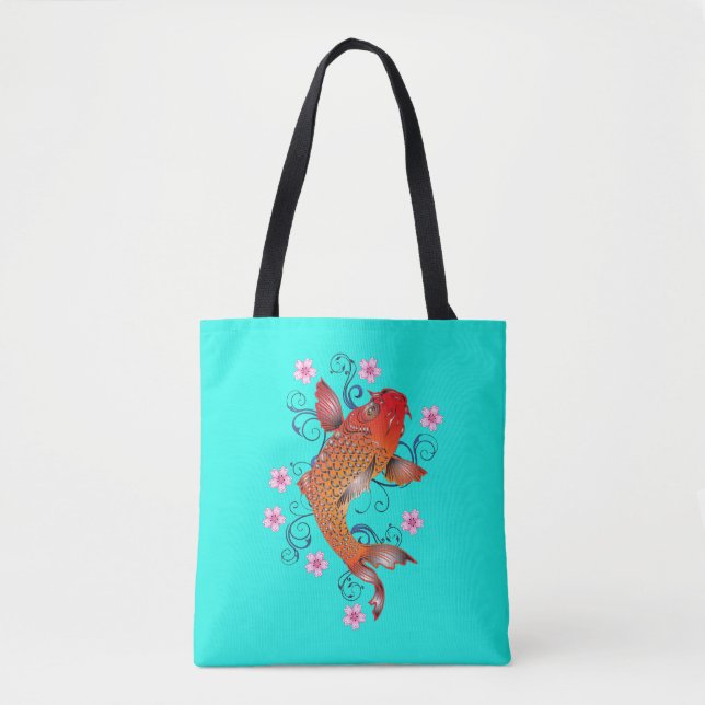 Tote Bag Koi poisson oriental orange turquoise floral éléga (Devant)