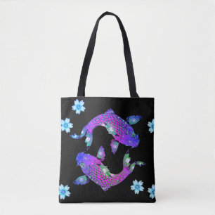 Tote Bag Koi poisson oriental yin yang noir violet fleuri