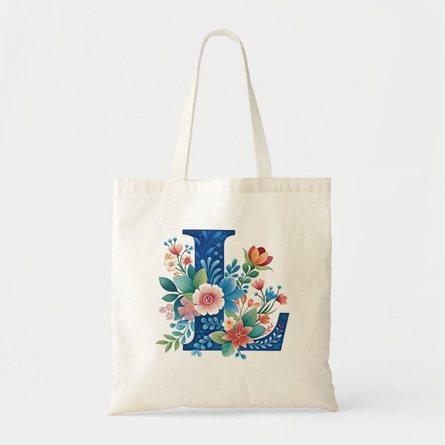 Tote Bag L Monogramme orné design floral (Devant)