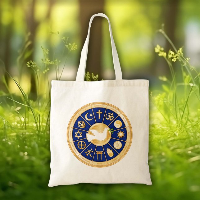 Tote Bag La colombe de la paix (Dove of Peace Tote Bag.
Inspirational art. Gold icons of world faiths surround the Dove of Peace.)