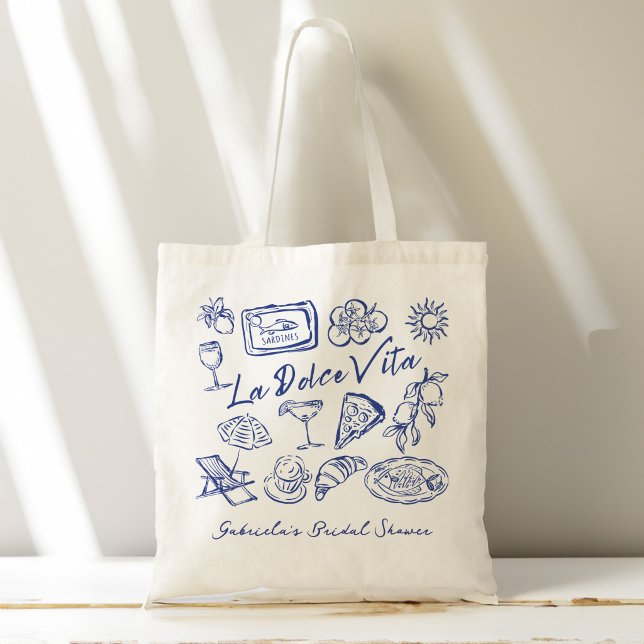 Tote Bag La dolce vita bleu faveurs de shower de mariage it (La dolce vita blue hand drawn Italian bridal shower favors personalized Tote Bag bridesmaids gifts)