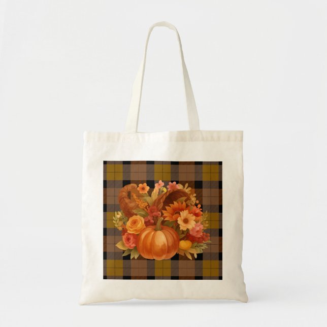 Tote Bag La Récolte D'Automne Plaid Et Cornucopia (Devant)