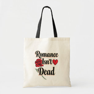 Tote Bag "La romance n'est pas morte" avec rose rouge et cœ