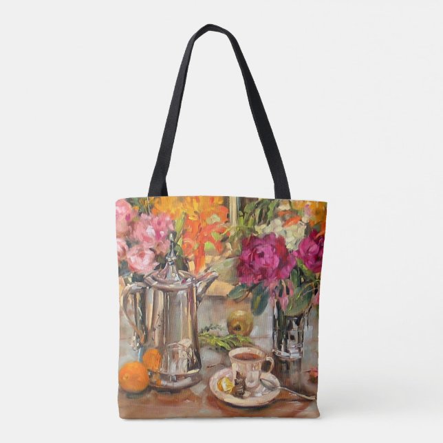 Tote Bag La vie d'Anne avec son théière et ses fleurs (Dos)