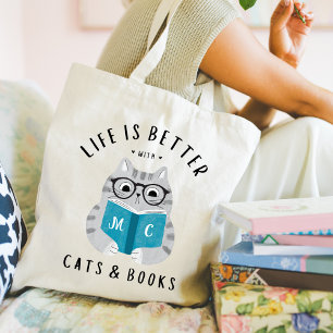 Tote Bag La vie est meilleure avec les chats et les livres 