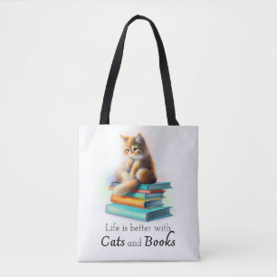 Tote Bag La vie est meilleure avec les chats et les livres 