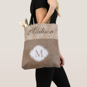 Tote Bag Lace Burlap Monogramme Rustique moderne et branché