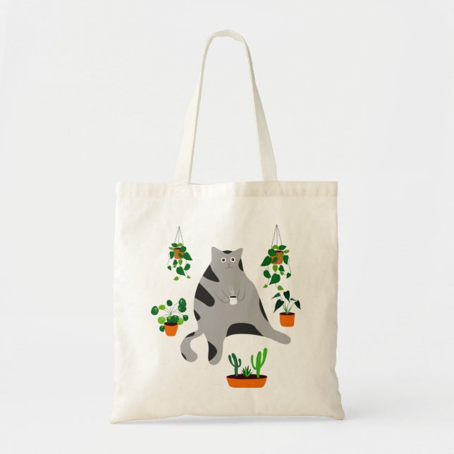 Tote Bag Lady Cat Boire Café, Lady Cat Avec Plantes (Devant)