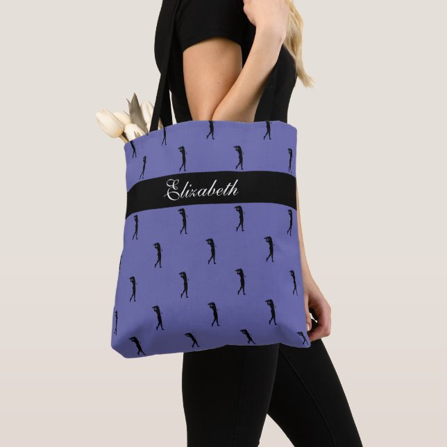 Tote Bag Lady Golfer Nom personnalisé Motif Périwinkle bleu (De près)