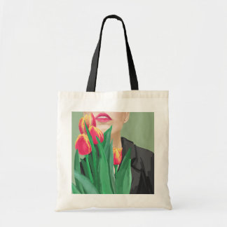 Tote Bag Lady & Tulip Green & Orange Modern Graphic imprimé