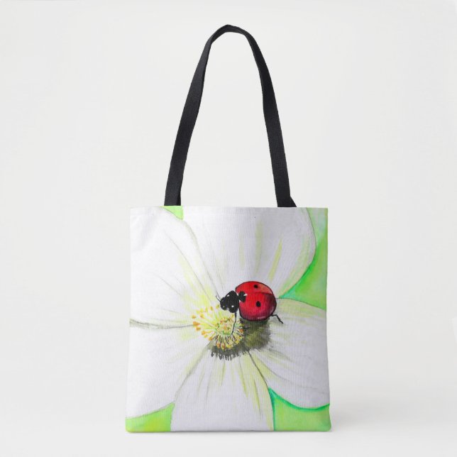 Tote Bag Ladybird sur une peinture à fleurs blanches (Devant)