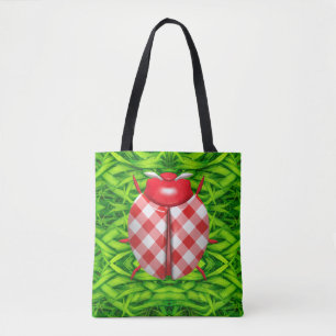 Tote Bag Ladybug dans l'herbe en vichy vérifier mignon