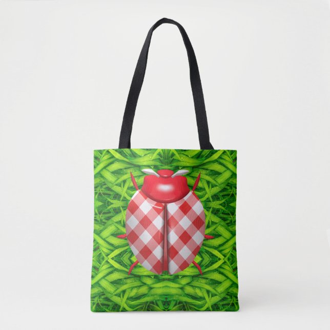 Tote Bag Ladybug dans l'herbe en vichy vérifier mignon (Devant)
