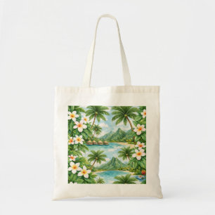 Tote Bag Lagune tropicale de Tahiti, Plumeria et palmier