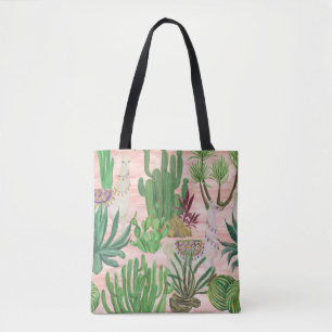 Tote Bag Lamas aquarelle et motif cactus.
