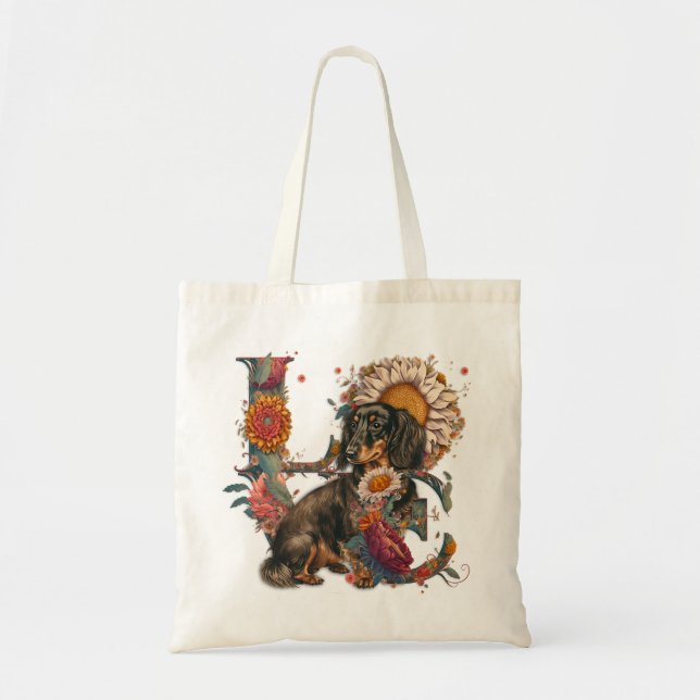 Tote Bag L'AMOUR fait de Dachshund Rose de tournesol Fleurs (Devant)