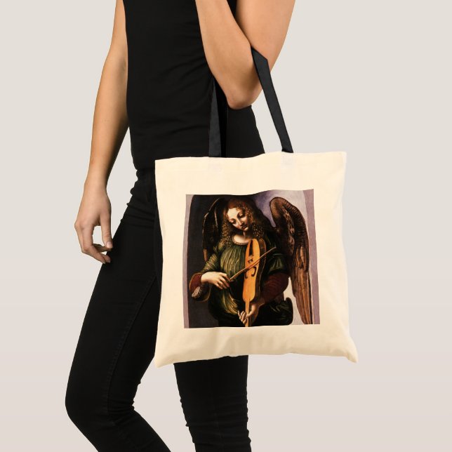 Tote Bag L'ange de Léonard de Vinci en vert avec une Vielle (Devant (produit))