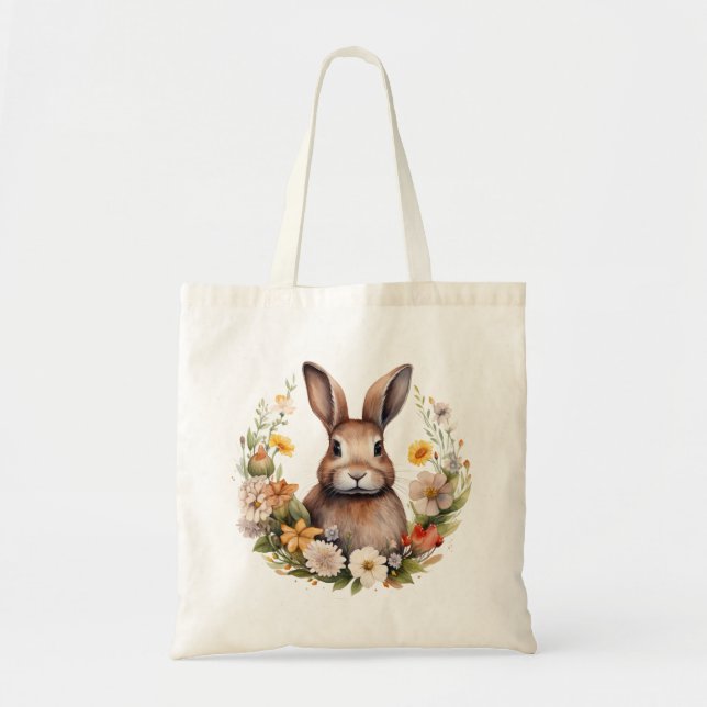 Tote Bag Lapin Brown avec fleurs de printemps (Devant)