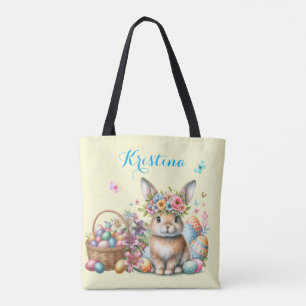 Tote Bag Lapin de Pâques avec panier floral et œufs colorés