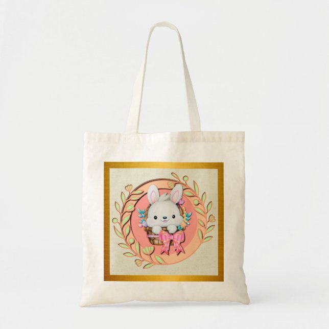 Tote Bag Lapin de Pâques mignon assis dans le panier (Devant)