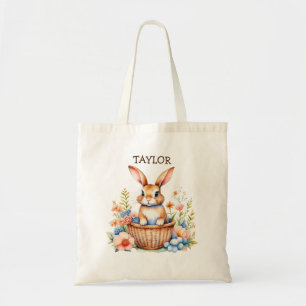 Tote Bag Lapin de Pâques personnalisé assis dans le panier