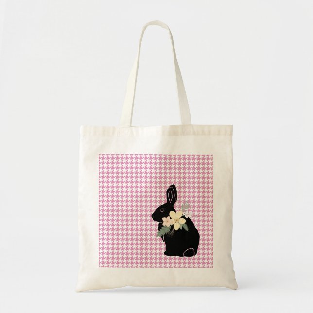 Tote Bag Lapin de Pâques Silhouette Fleurs Houndstooth (Devant)