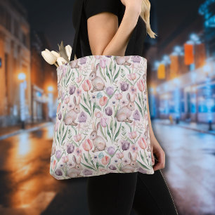 Tote Bag Lapin Gris Mignon avec Tulipes Colorées