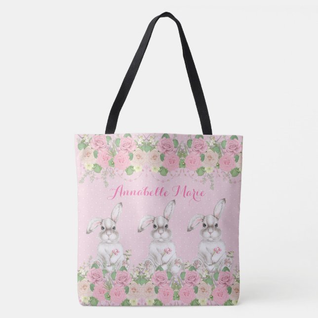 Tote Bag Lapin Lapin Fleur Rose Précieux (Devant)