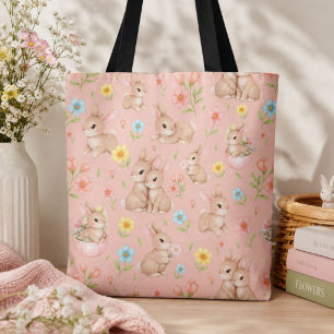 Tote Bag Lapins à l'aquarelle douce Motif floral de printem