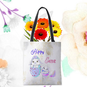 Tote Bag Lapins de Pâques joyeux couleur coquille d'oeuf