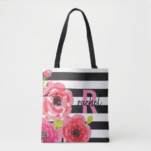 Tote Bag L'aquarelle fleurit le rose et les rayures décorés