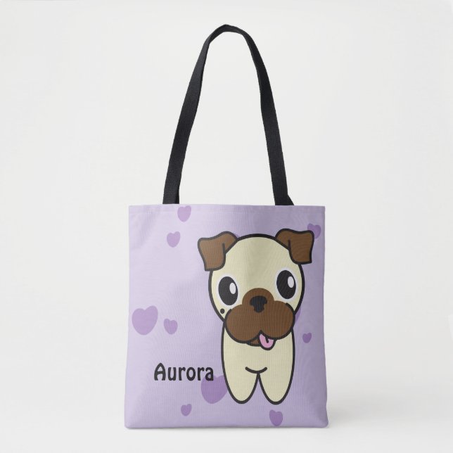 Tote Bag L'aurore à la mode mignonne le carlin Purple Heart (Devant)