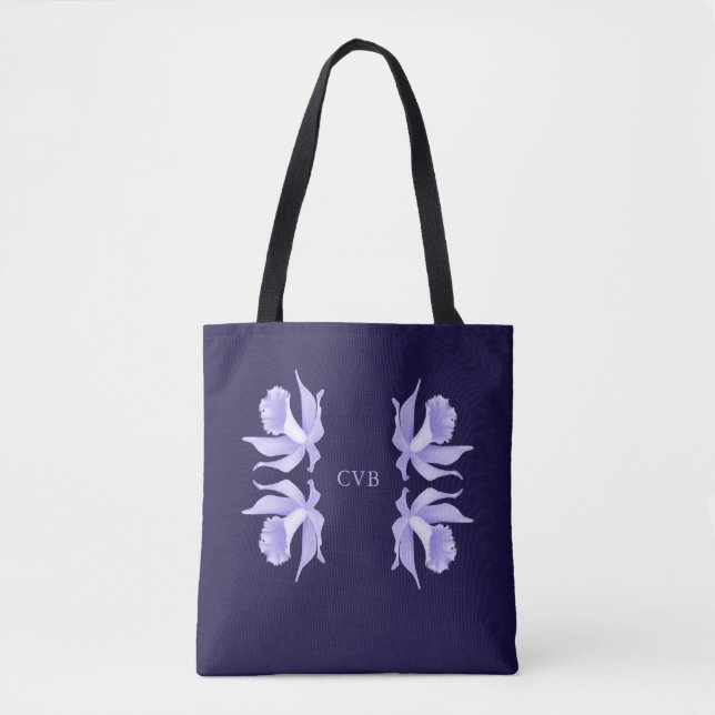 Tote Bag Lavande aux orchidées mauve-clair sur le bleu du (Devant)