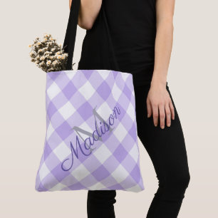 Tote Bag Lavande Plaid Purple mou Fille Nom Monogramme