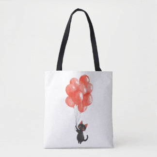 Tote Bag Le chaton noir mignon tient un tas de ballons roug