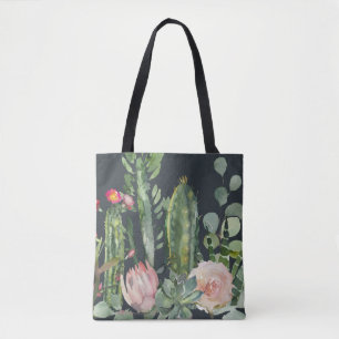 TOTE BAG LE DÉSERT FLORAL NOIR CACTI FOLIE LA PONTE DE COU