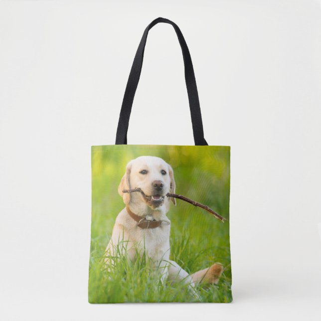 Tote Bag Le Labrador Jaune se rapproche avec un bâton (Devant)