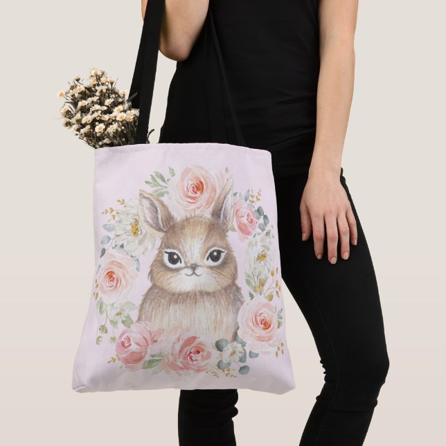 Tote Bag Le lapin mignon/rougissent guirlande florale rose (De près)
